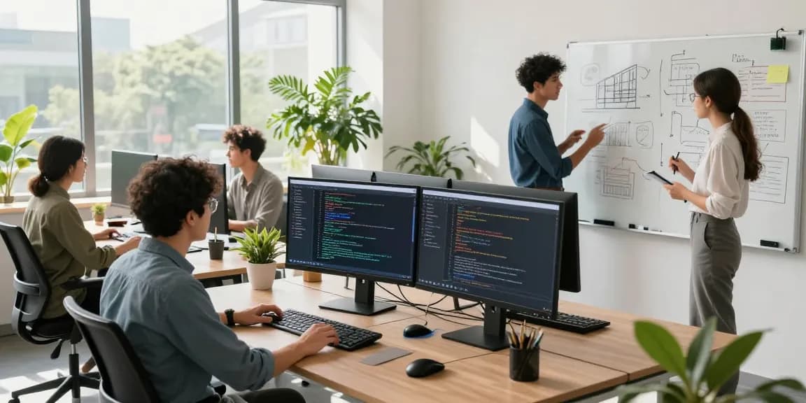 Dynamic team collaborating on AI startups 2026, showcasing innovative coding and teamwork in a modern workspace.