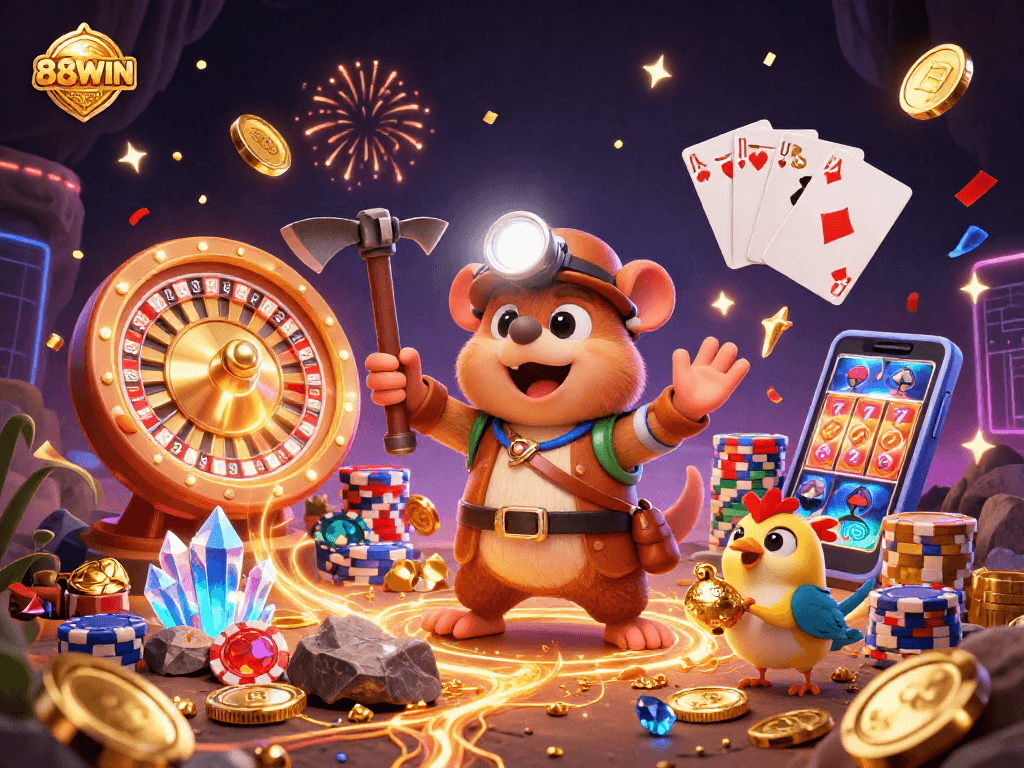 Experience thrilling gaming action at 88WIN with a vibrant 3D illustration featuring treasure hunters and casino elements.