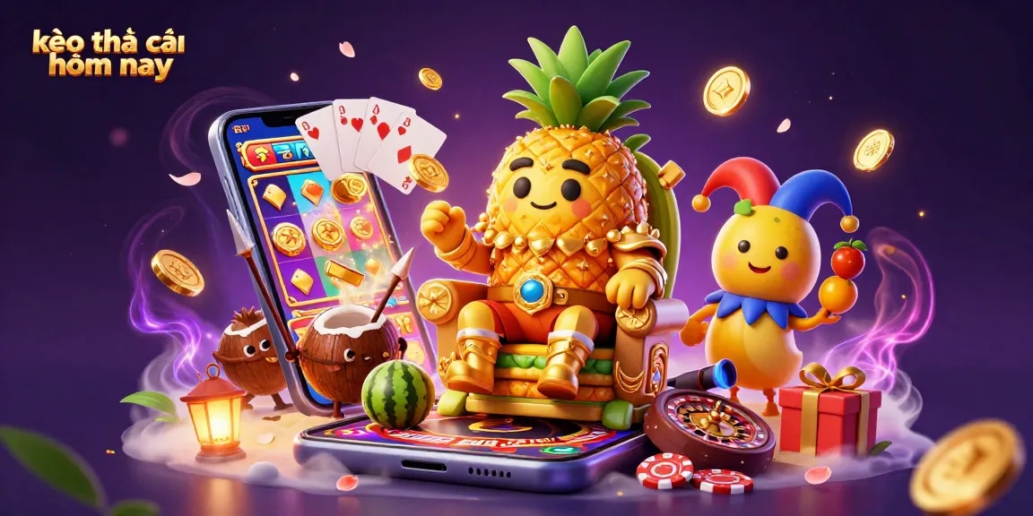 Experience kèo nhà cái hôm nay with the golden pineapple king and vibrant casino elements in this dynamic scene.