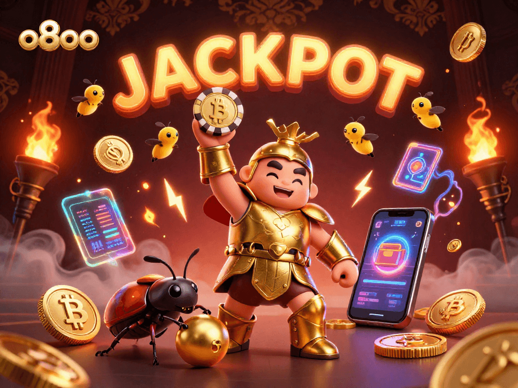 Experience the thrill of o8oo with our gaming jackpot featuring a heroic beetle and vibrant crypto elements.