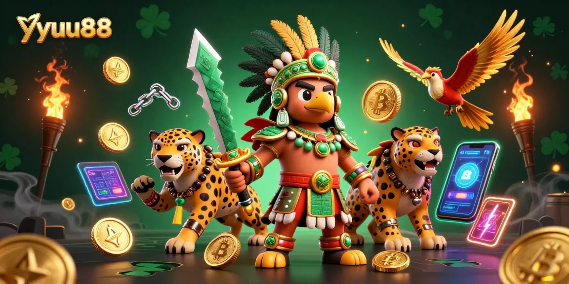 Engage in thrilling gaming with yyuu88's Aztec warriors and cryptocurrency elements showcasing the action.