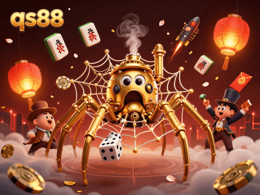 Catch exciting gaming moments at qs88 with a steampunk spider weaving fortunes in a vibrant casino.