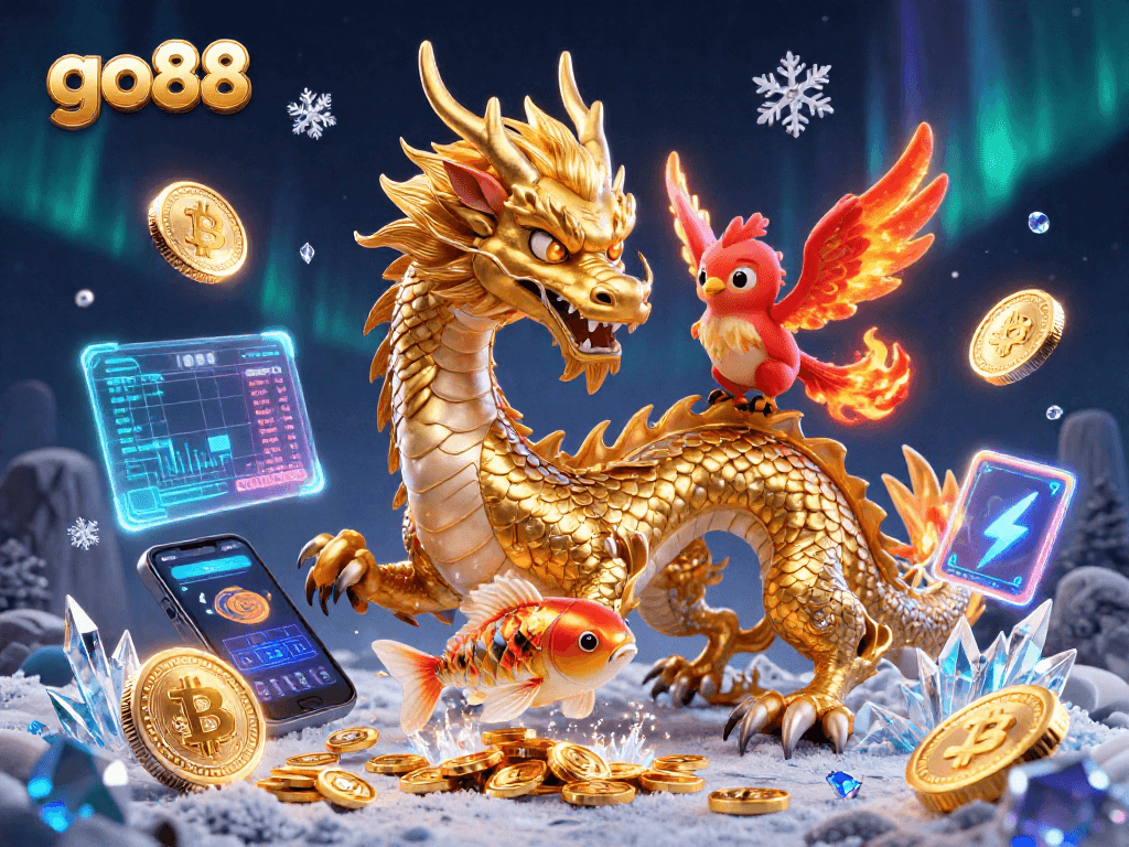 Engage in thrilling adventures with go88 featuring a dragon, phoenix, and koi fish amidst a vibrant casino atmosphere.
