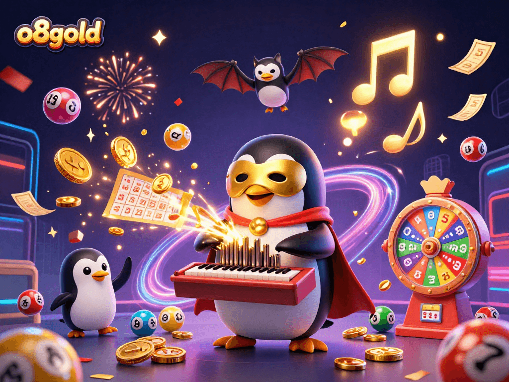 Experience the excitement of o8gold with golden coins cascading from a penguin playing an organ.