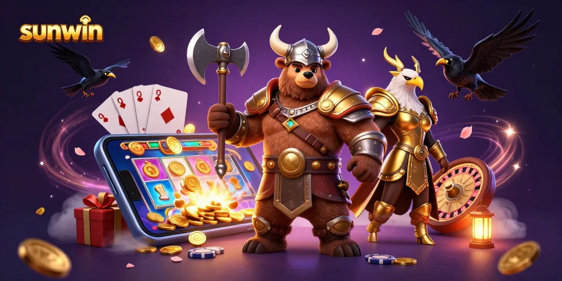 Experience winning at sunwin with a 3D Viking and eagle surrounded by vibrant casino elements.