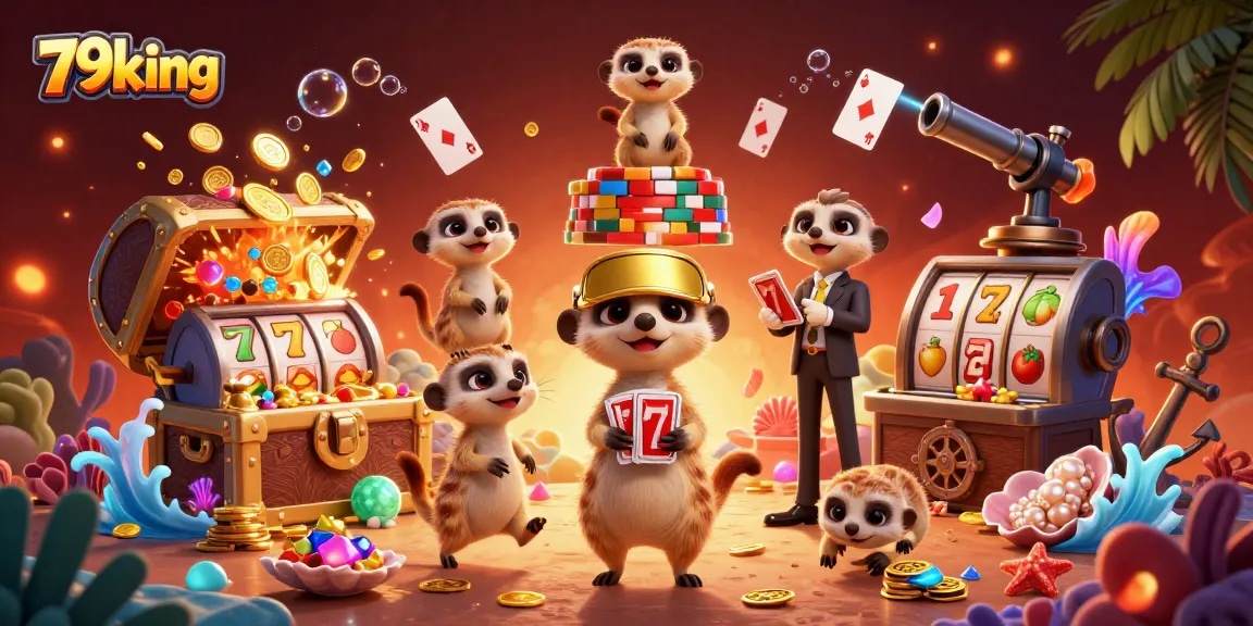 Experience excitement with 79king as meerkats run a vibrant casino operation illustrating colorful gaming elements.