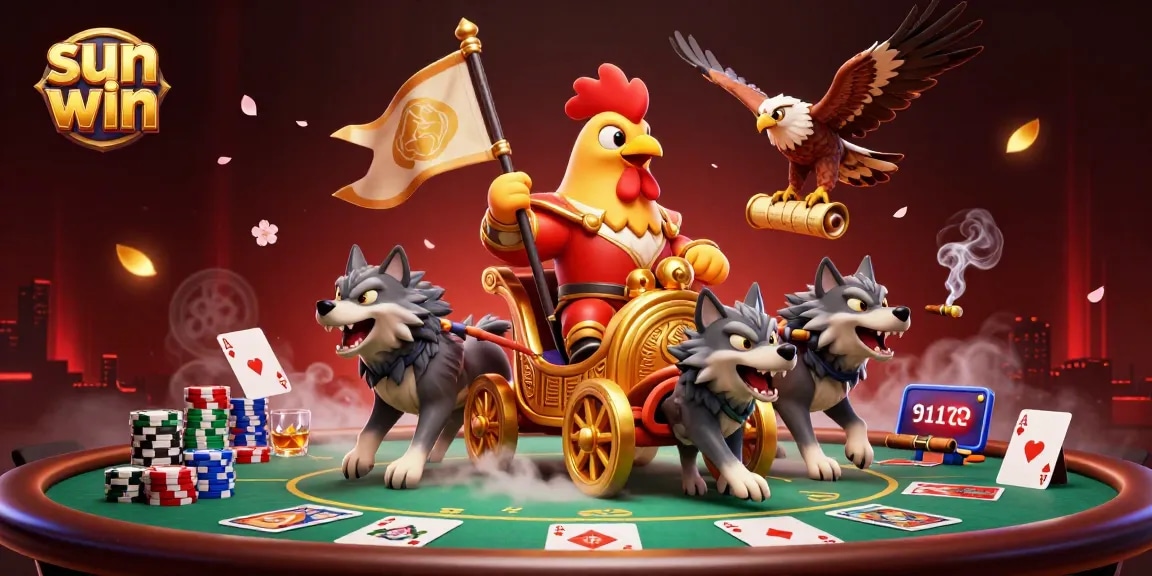 Experience exciting gameplay with the sun win theme featuring a rooster warlord and poker elements.