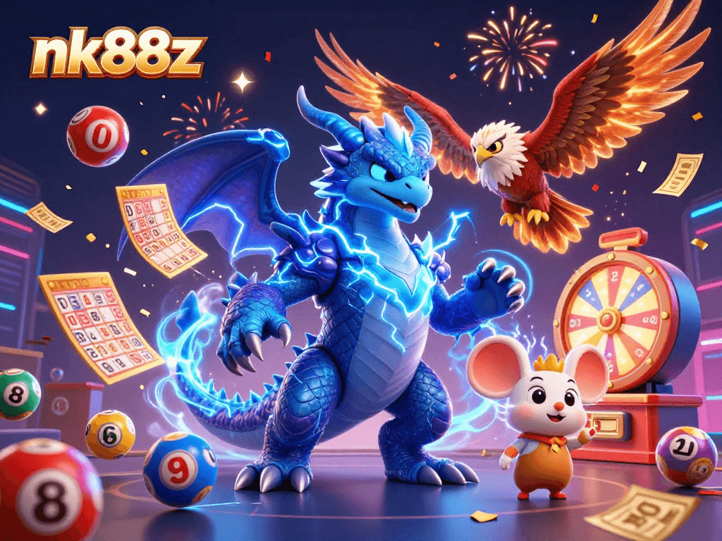 Engage with the thrilling ambiance of nk88z lottery as cartoon dragons, hawks, and mice animate vibrant winnings.