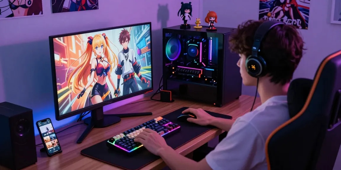 Engaging scene of a gamer enjoying hentai games, showcasing modern gaming accessories and immersive setup.