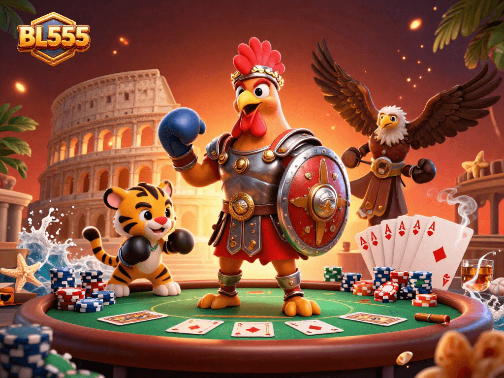 Experience thrilling gameplay with BL555 as a gladiator rooster battles in a vibrant, dynamic casino scene.