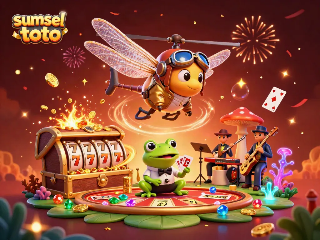 Experience thrilling games with sumsel toto as a dragonfly pilot and frog croupier surround by slot reels and confetti.