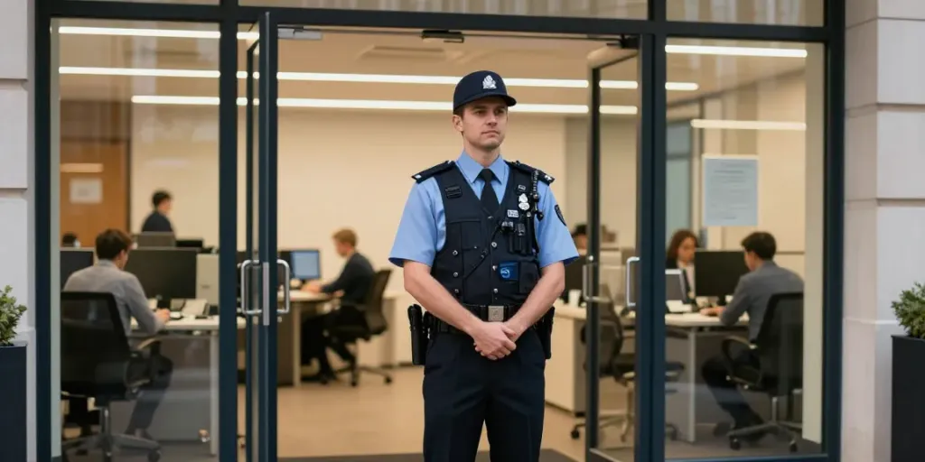 Professional Security Guard at a corporate entry, trusted provider demonstrating community-focused service.