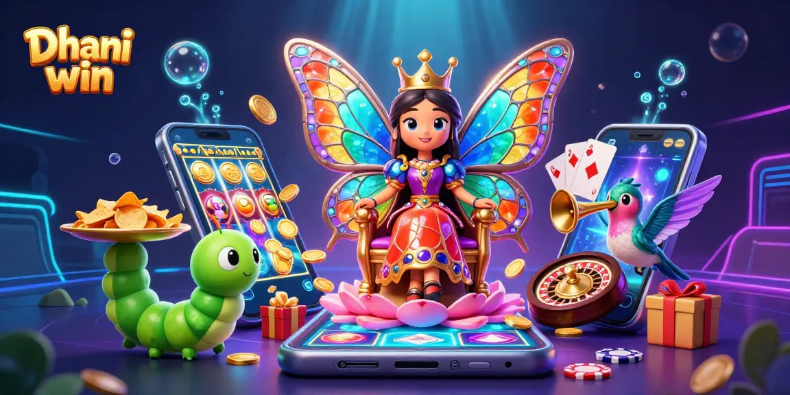 Dhani win players enjoying vibrant casino games with a colorful butterfly queen and dynamic elements.