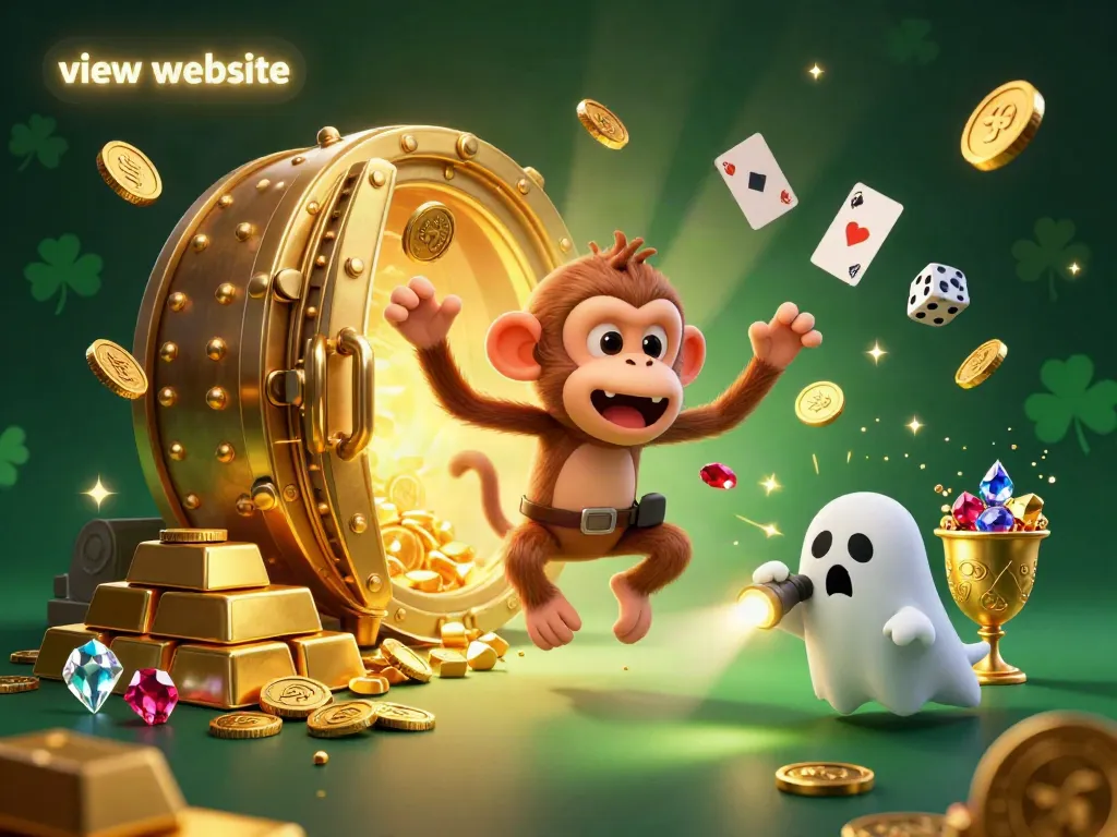 View website illustrated scene with a ghost-hunter puppy chasing a mischievous poltergeist monkey in a vibrant casino.