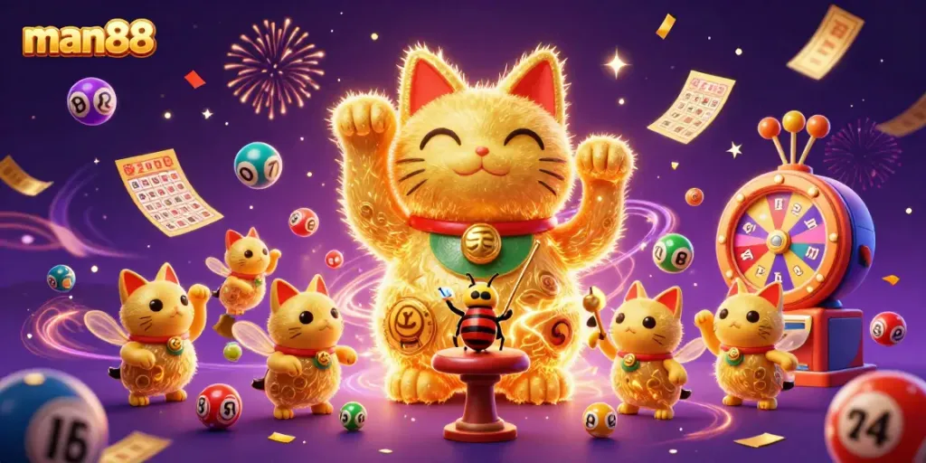 Experience the excitement with Man88's giant lucky cat surrounded by vibrant casino elements.