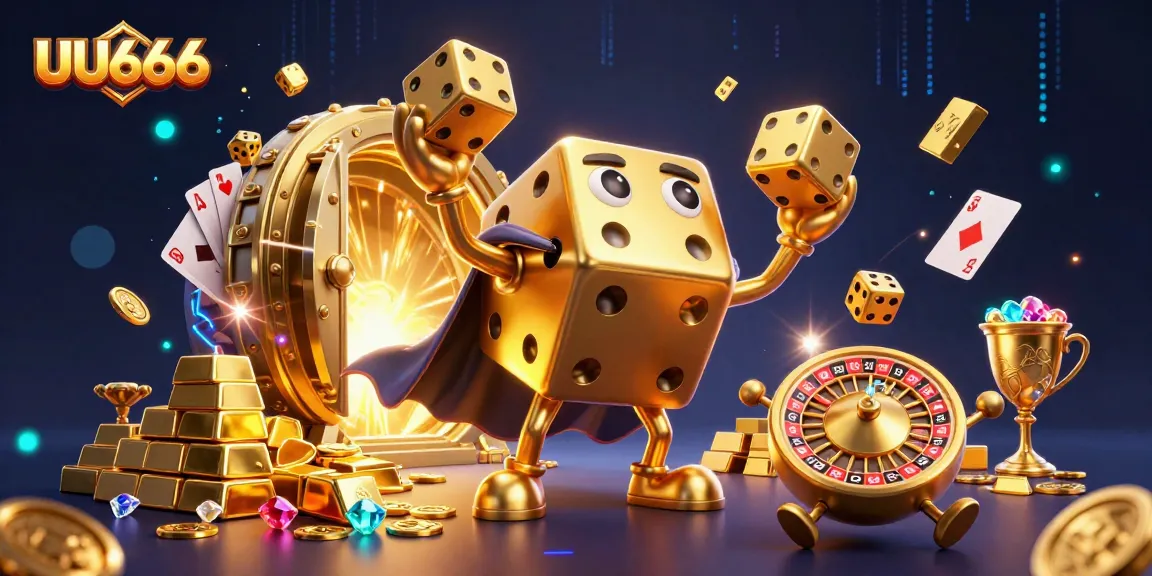 Engage with exciting casino adventures at UU666 featuring dynamic golden dice characters and treasure elements.