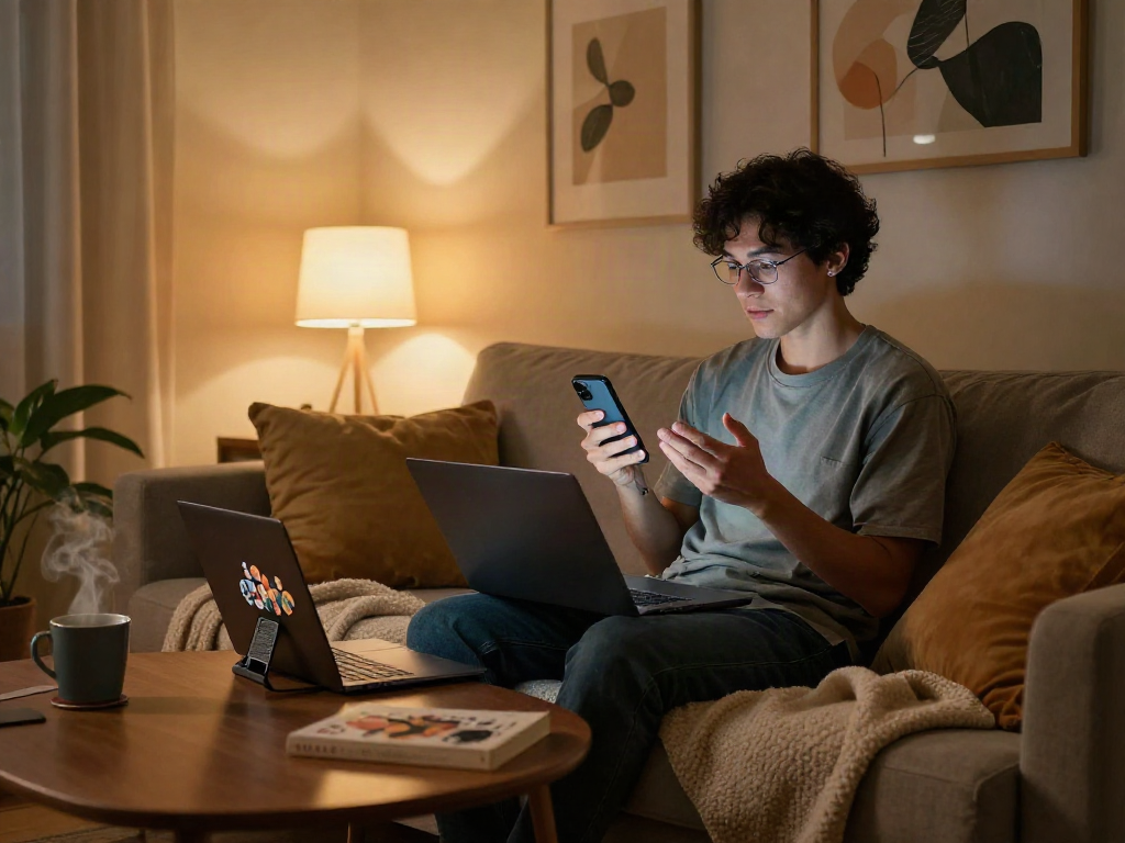 Engaging sexchat moment on a warm couch, showcasing personal connection.