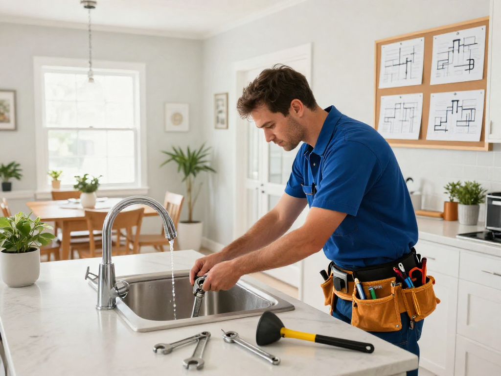 Expert plumber Fort Worth fixing a sink in a modern kitchen filled with tools and natural light