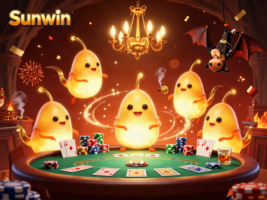 Sunwin's vibrant casino scene features glowworms illuminating a poker game.