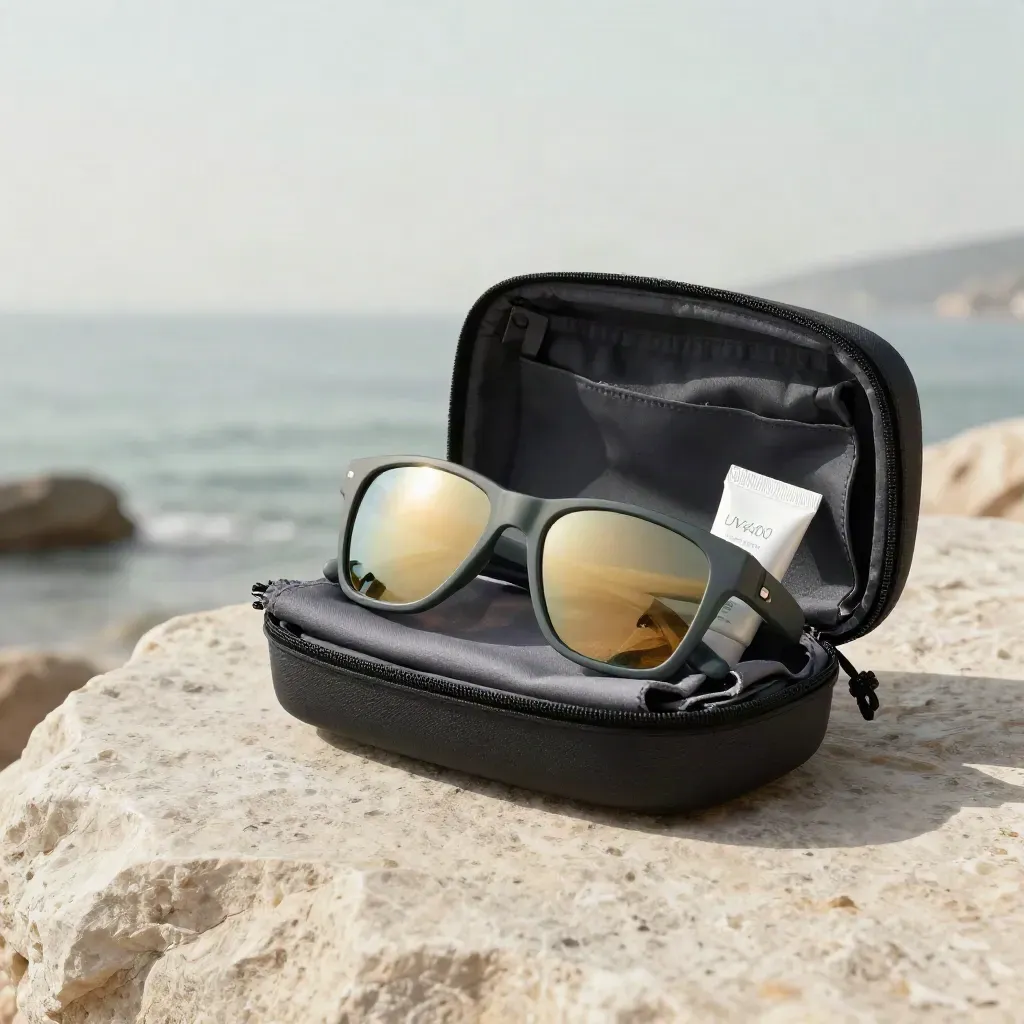 UV400 wrap sunglasses kit with case, pouch, cloth and sunscreen tube on pale stone at dawn.