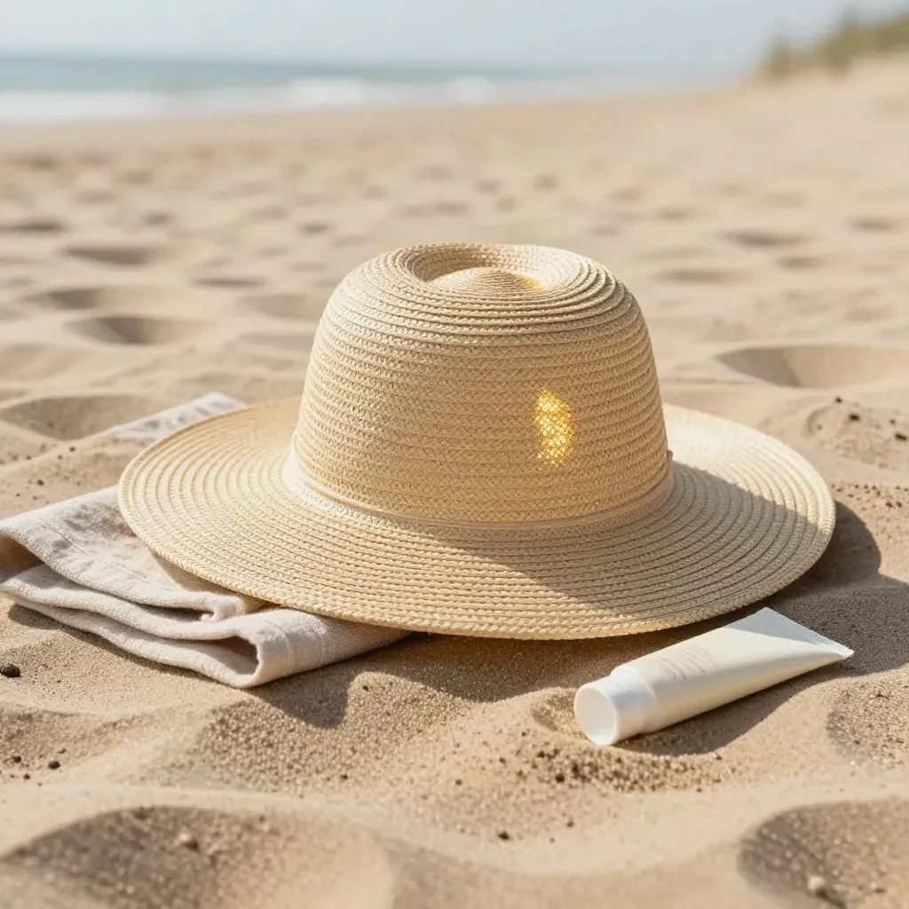 Wide brim sun hat, towel and sunscreen on pale sand in soft breeze and golden daylight
