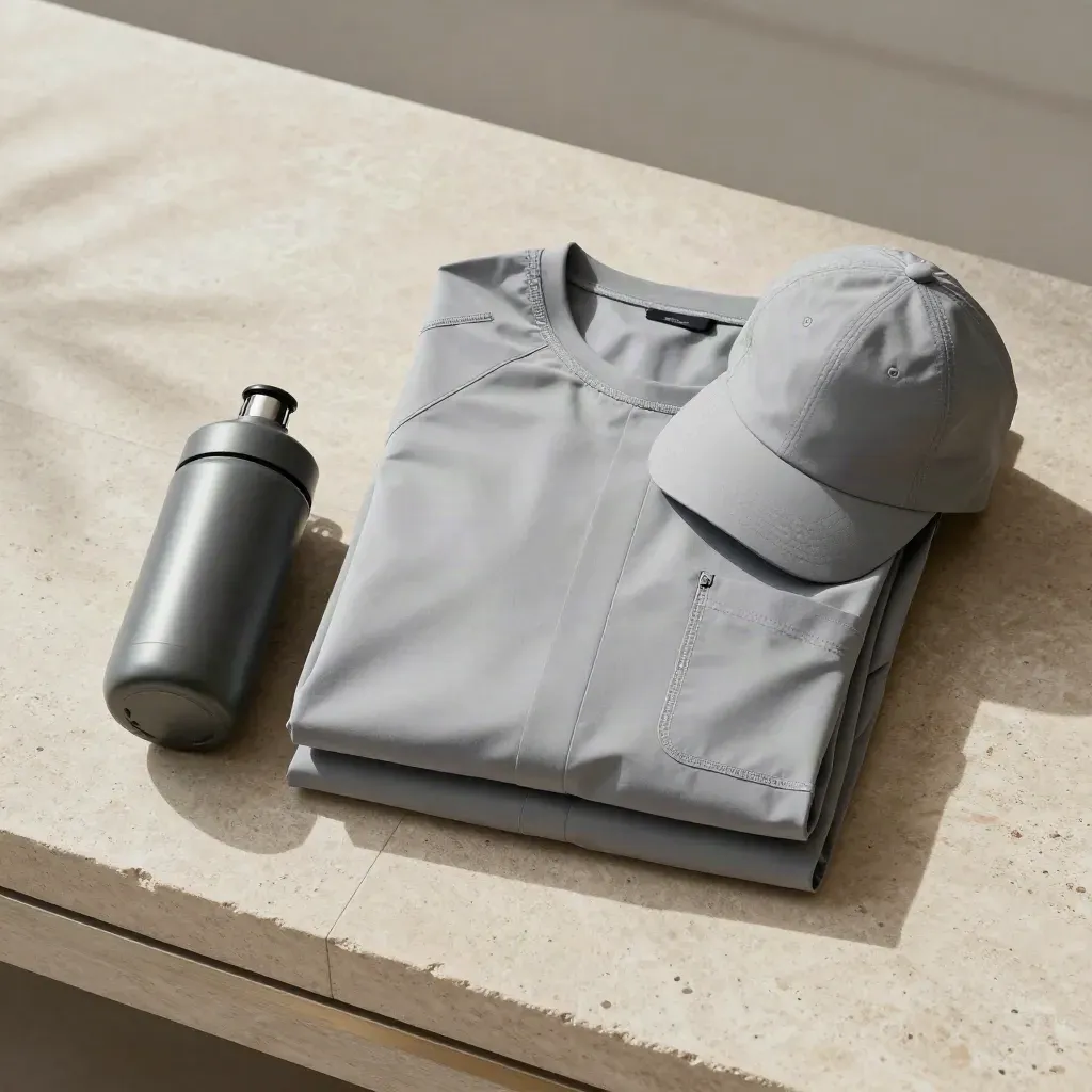 Folded SPF shirt with sleeves, travel bottle and cap on pale stone flat lay