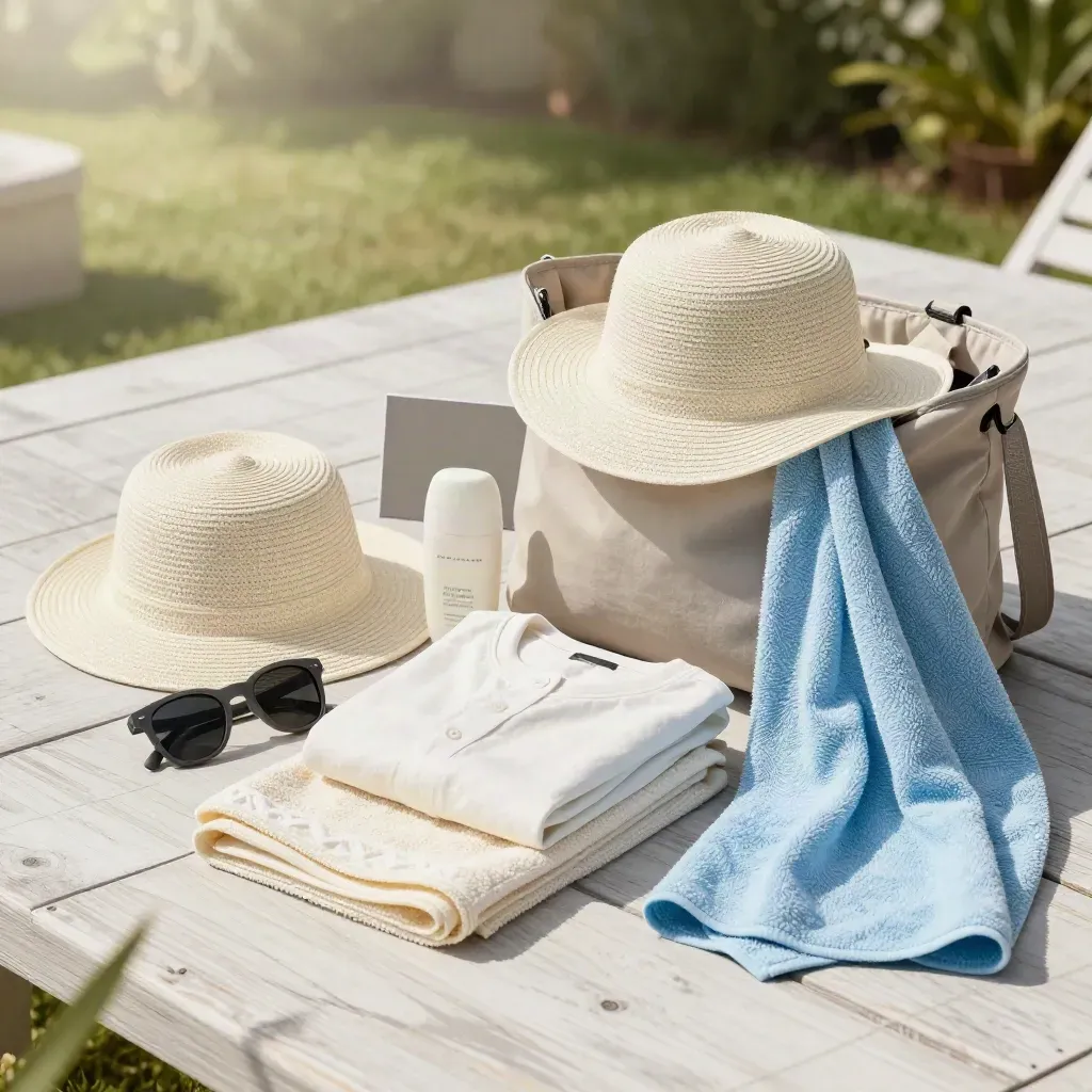 Sun kit bundle with sunglasses, hat, shirt, sunscreen and pouch on a pale deck in soft breeze.