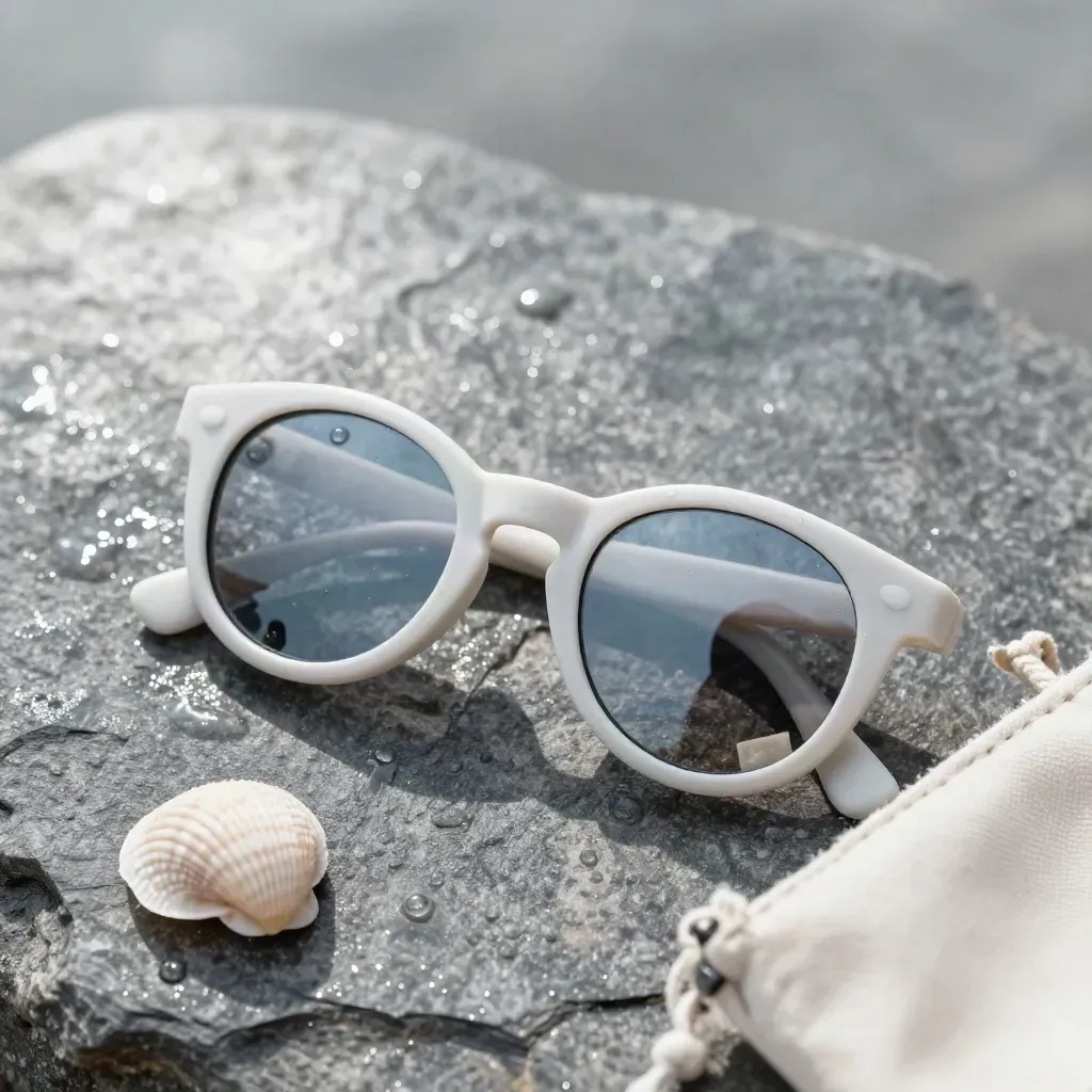 Kids UV sunglasses with mirrored lenses on damp stone, shell and pouch edge nearby.