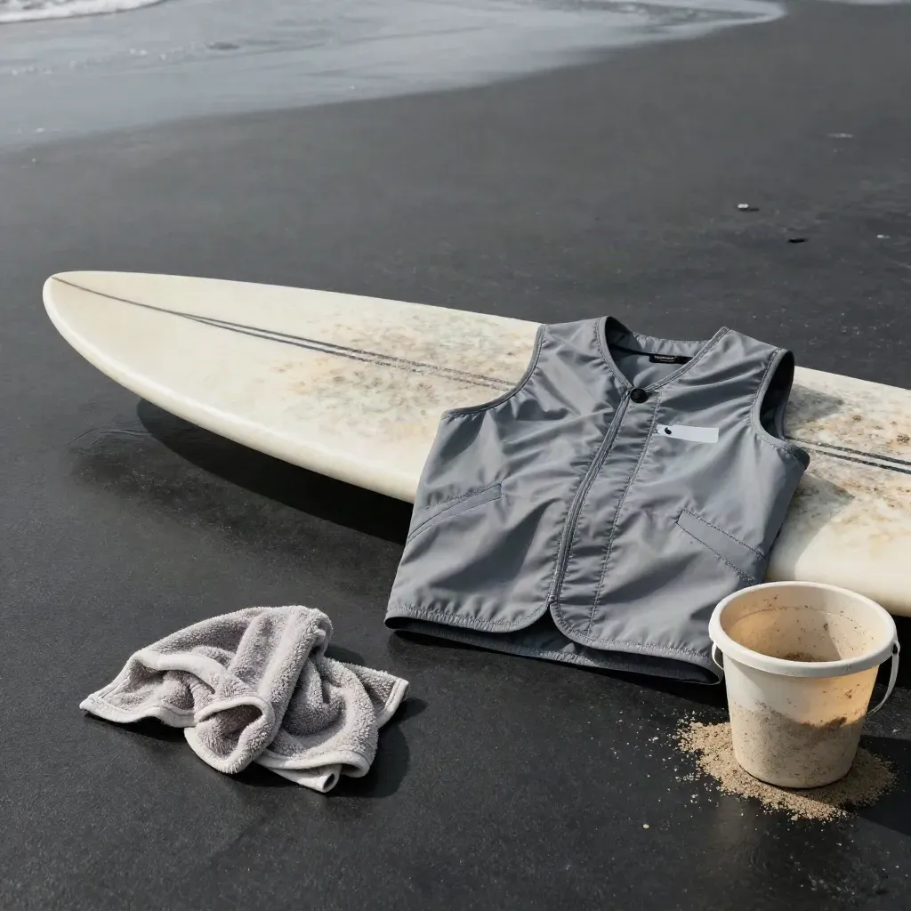 Kids rash vest draped over a surfboard nose beside a towel and bucket in moody coastal light
