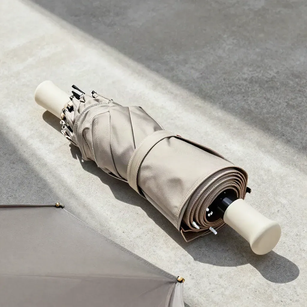 Folded beach umbrella, strap, peg and mat on pale concrete in raking daylight