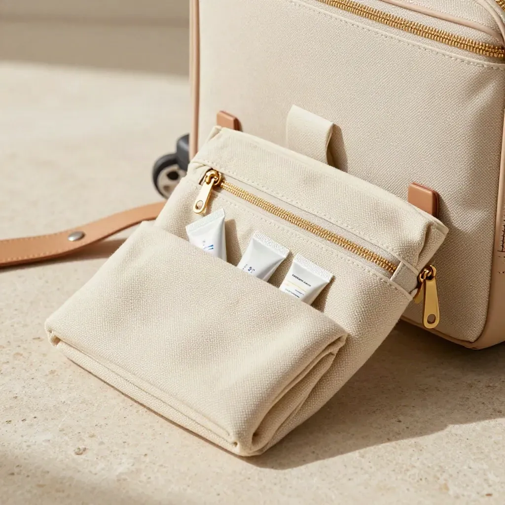 Travel sunscreen kit tucked into a canvas bag on pale stone, softly lit and ready to go.