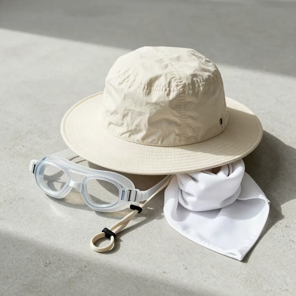 Overhead flatlay of kids sun hat, goggles and rolled scarf on pale concrete