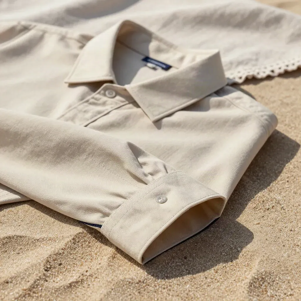 Macro of a lightweight beach shirt collar and cuff with lifted woven edge on warm stone
