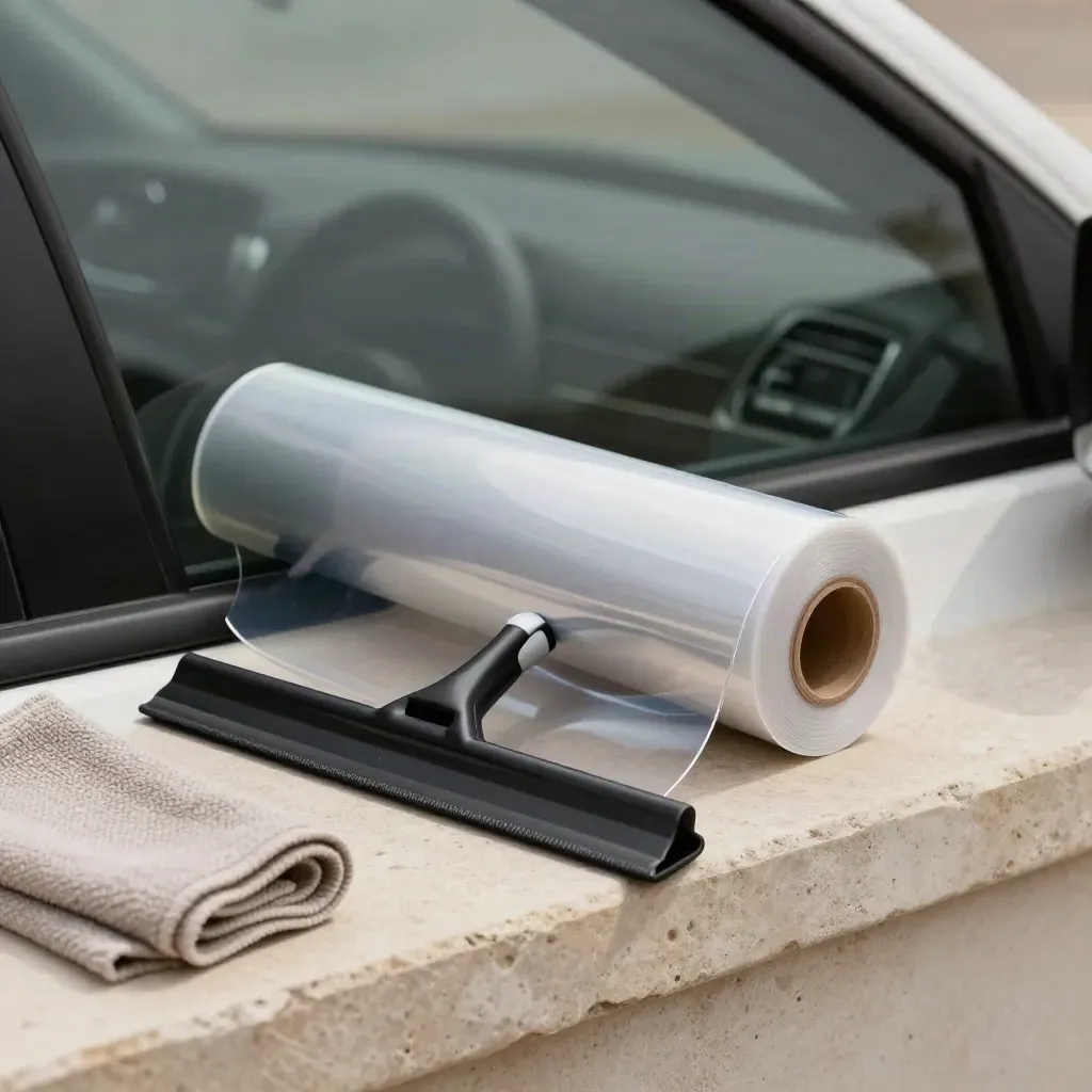 Unbranded car window film roll, squeegee and cloth on a stone sill by a blurred door frame