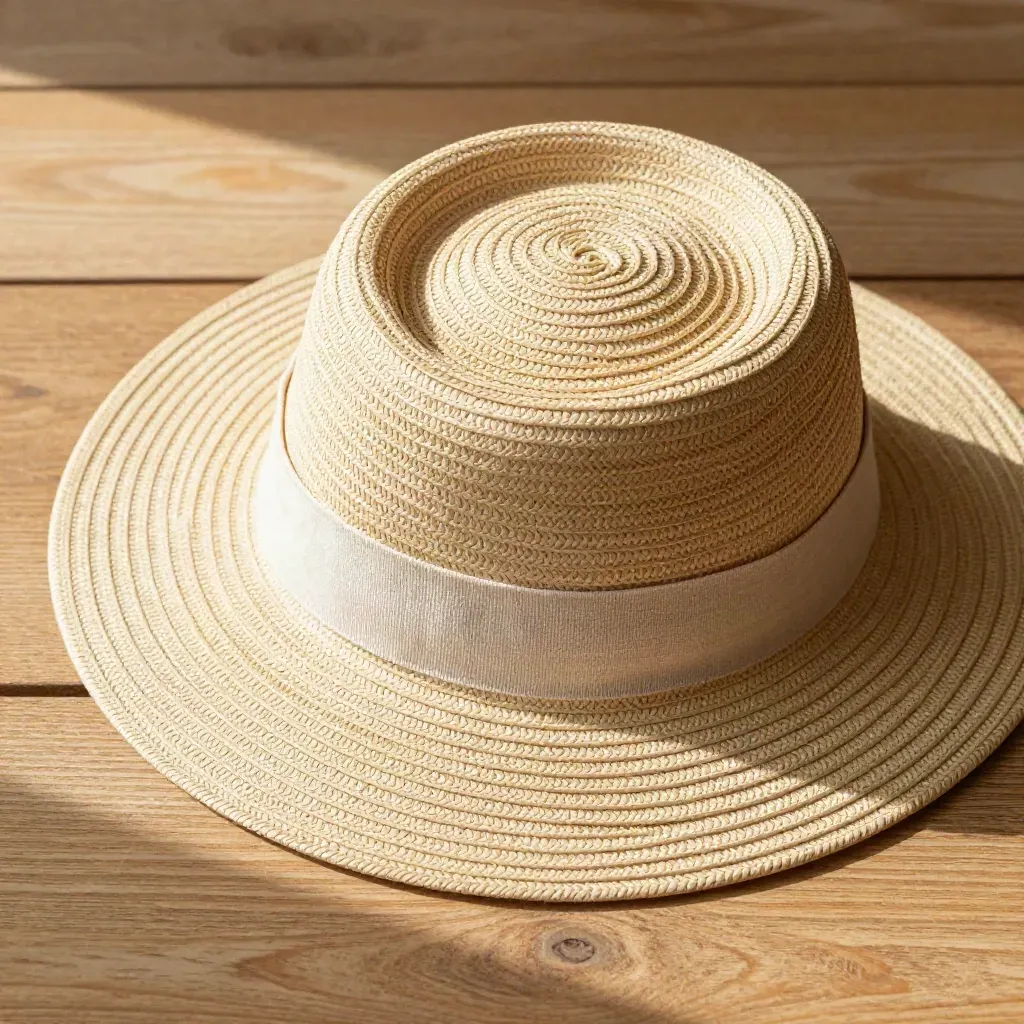 Overhead macro of a wide brim garden hat on warm wood, with linen ribbon and neck shade.