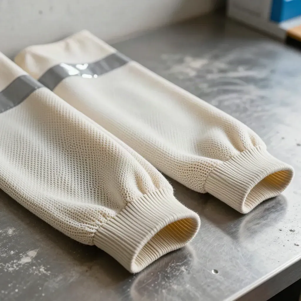 Macro of hi-vis sun sleeves with reflective edging on a graphite workbench in dust haze.
