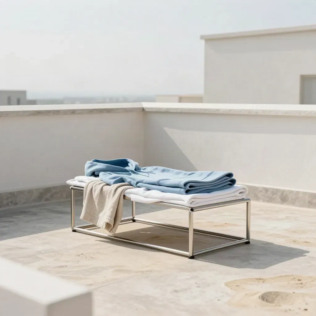 SPF clothing folded on a rooftop terrace rack in soft overcast light