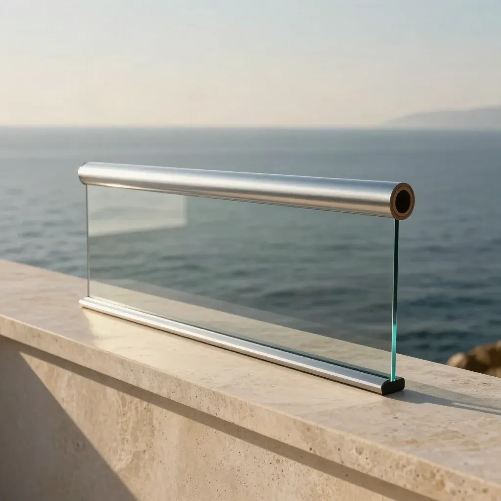 Coastal glass edge with protective window film above calm sea haze and stone.