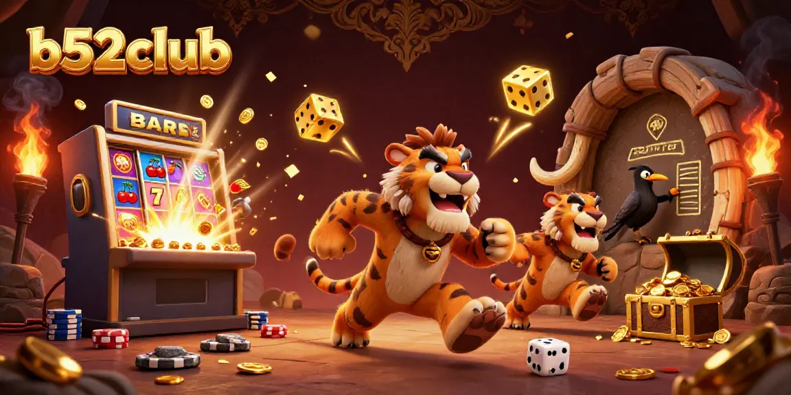 Experience the thrill of b52club with a vibrant casino scene showcasing cavemen and a sabertooth behind a dynamic jackpot explosion.