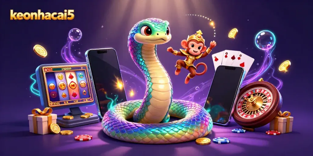 Engage with keonhacai5 through a dynamic scene featuring a colorful cartoon serpent and monkey king celebrating casino elements.