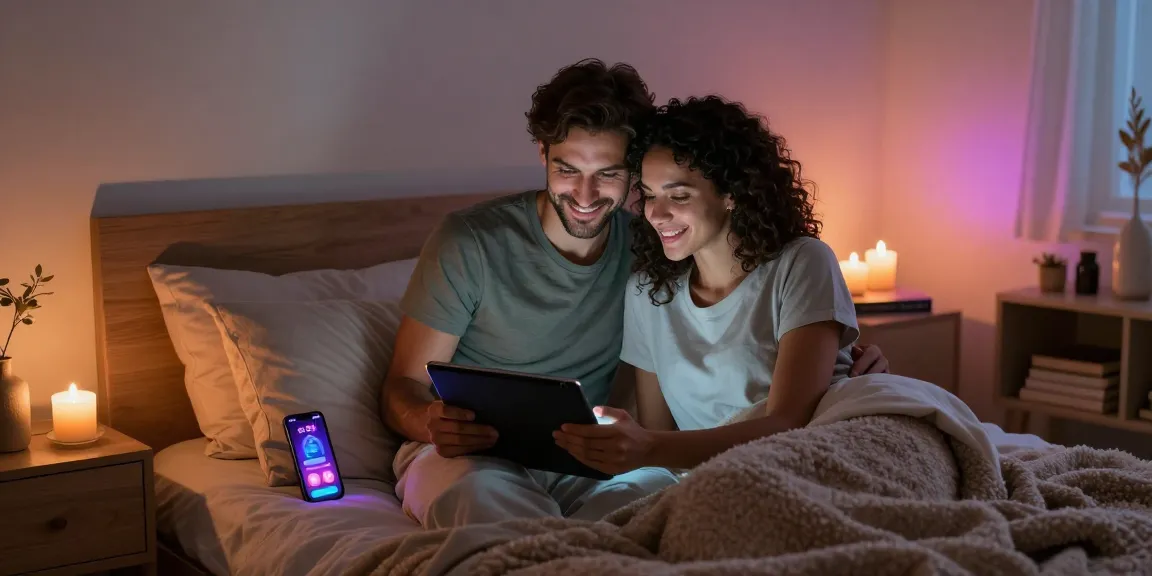 Couple using sex AI technology in a cozy bedroom setting fostering intimacy and connection.