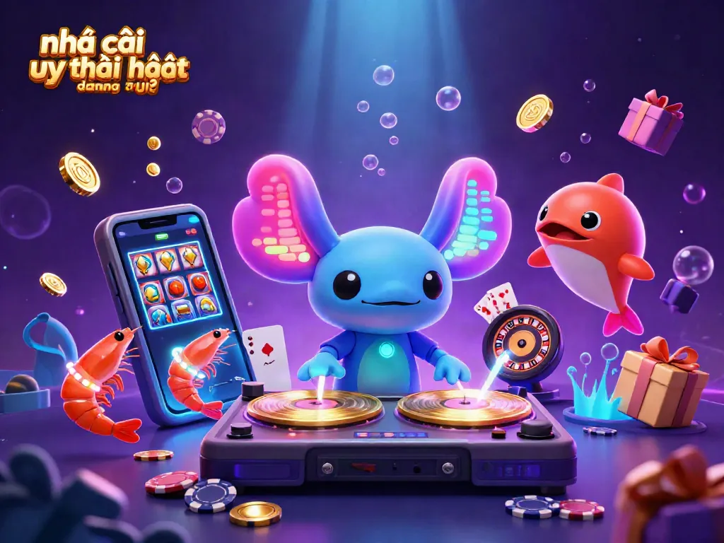 Engaging underwater scene with vibrant axolotl DJ and shrimp dancers, showcasing nhà cái uy tín nhất đáng chú ý elements.