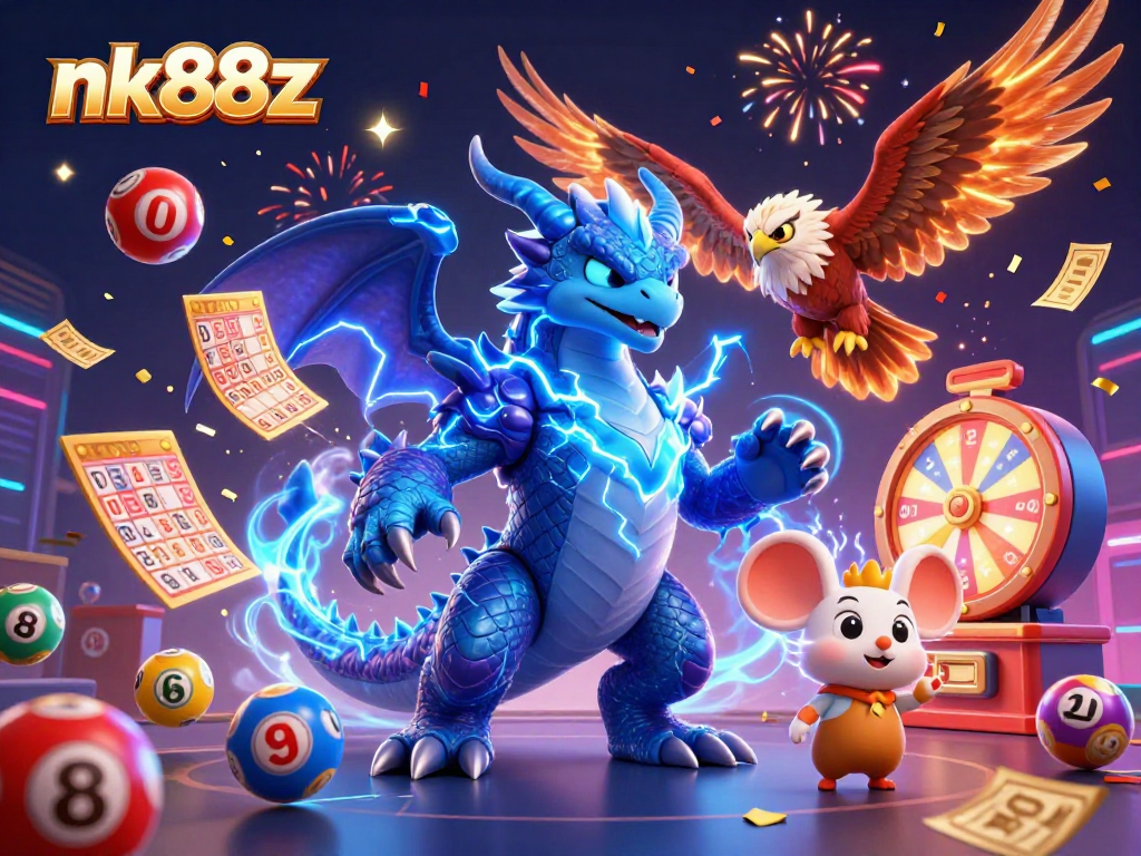 Engage with the thrilling ambiance of nk88z lottery as cartoon dragons, hawks, and mice animate vibrant winnings.