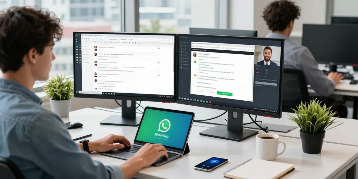 Using WhatsApp電腦版 on a dual monitor setup in a modern workspace.