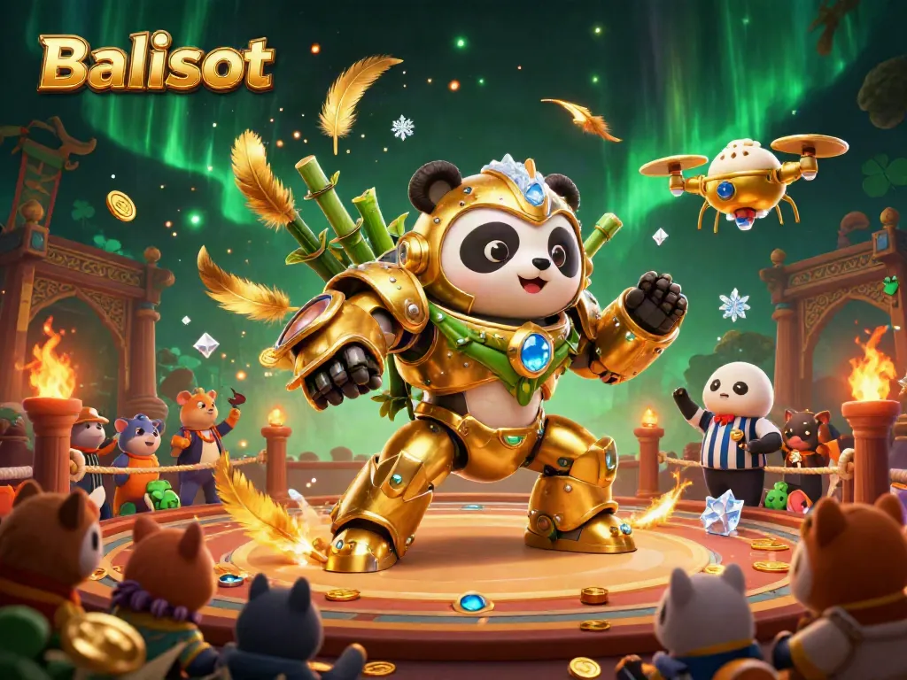 Balislot showcases a vibrant 3D scene with a golden panda piloting a robot in a lively casino arena.