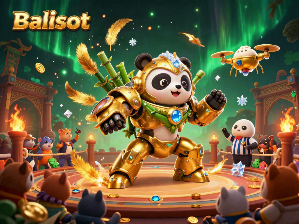 Balislot showcases a vibrant 3D scene with a golden panda piloting a robot in a lively casino arena.