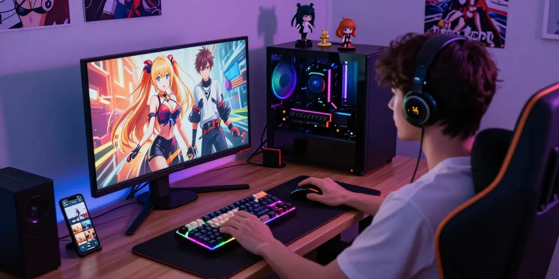 Engaging scene of a gamer enjoying hentai games, showcasing modern gaming accessories and immersive setup.
