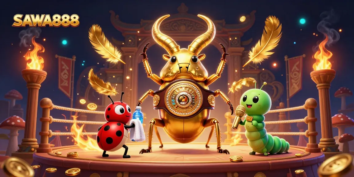 Engage with thrilling slots at SAWA888, featuring a dynamic scene with a golden stag beetle and themed elements.