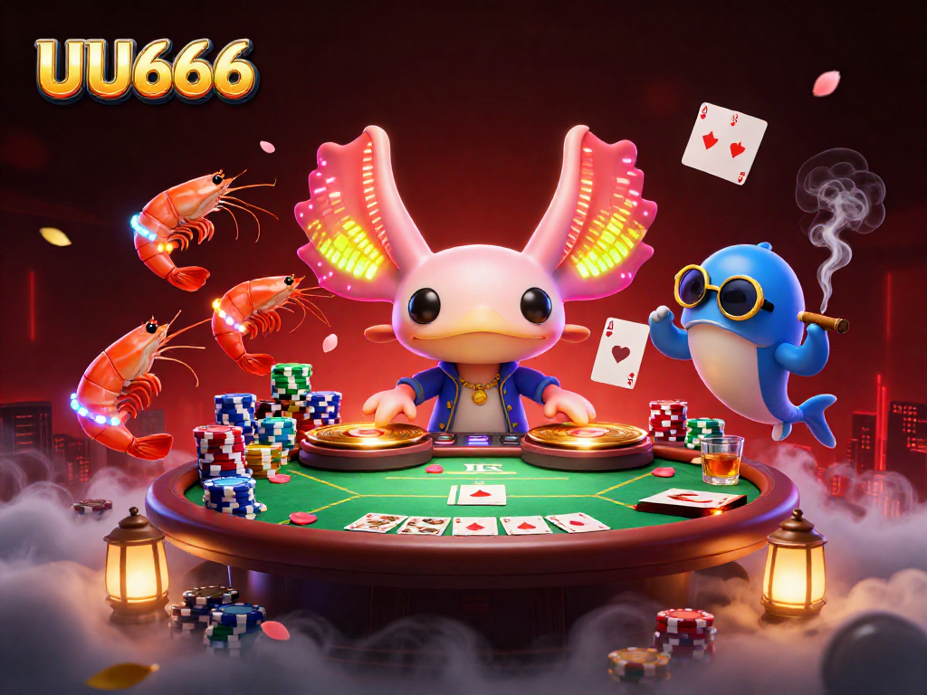 Experience thrilling gambling with UU666's vibrant 3D axolotl DJ and poker scene illustration.