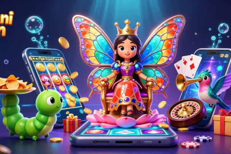 Dhani win players enjoying vibrant casino games with a colorful butterfly queen and dynamic elements.